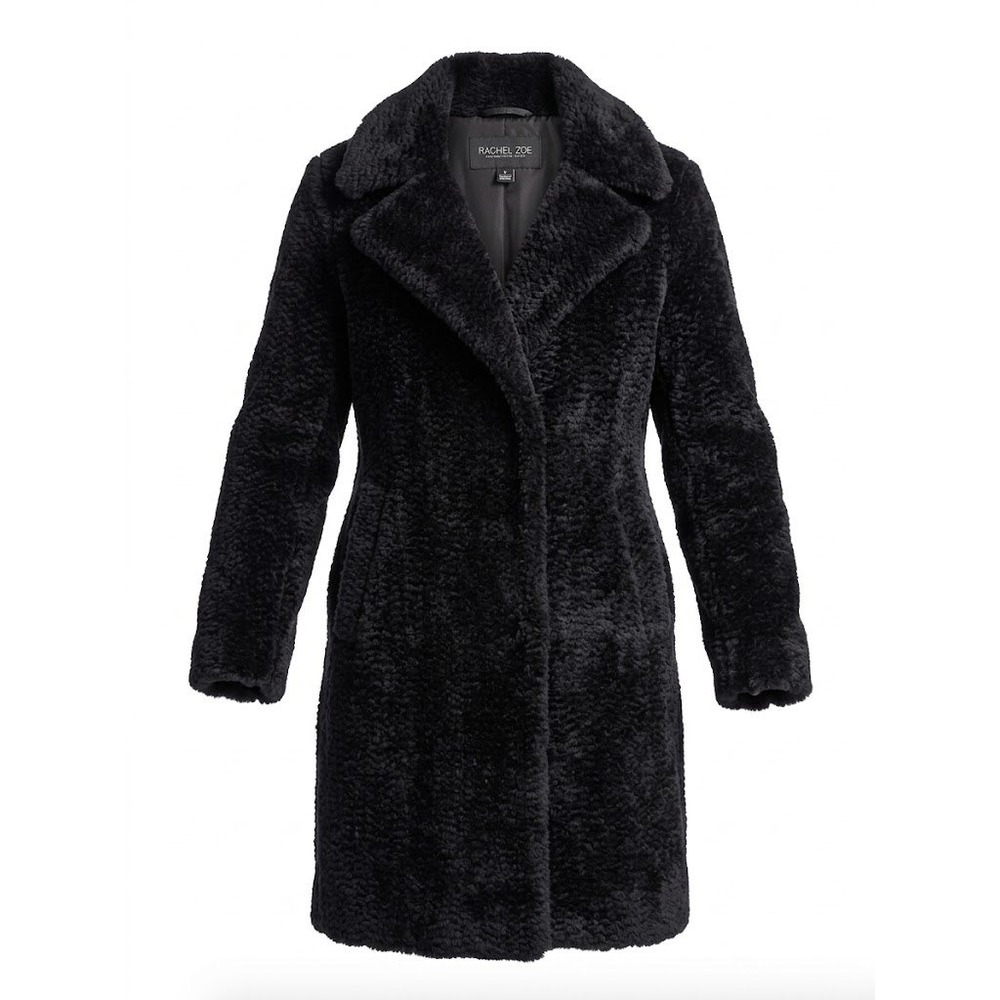 Rachel Zoe Faux Fur Coat Womens M Black Mid Length Gothic Chic Winter Glam Luxe
